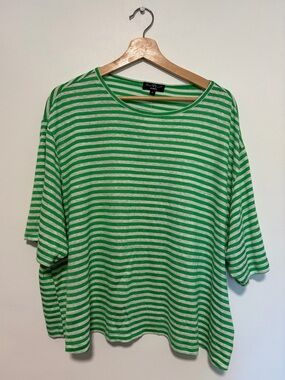 Velvet Heart Linen Blend Green and White Striped Oversized Short Sleeve T-shirt